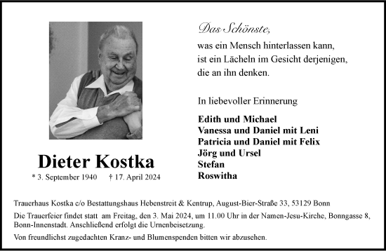 Anzeige von Dieter Kostka von General-Anzeiger Bonn