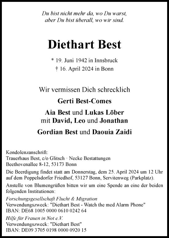 Anzeige von Diethart Best von General-Anzeiger Bonn