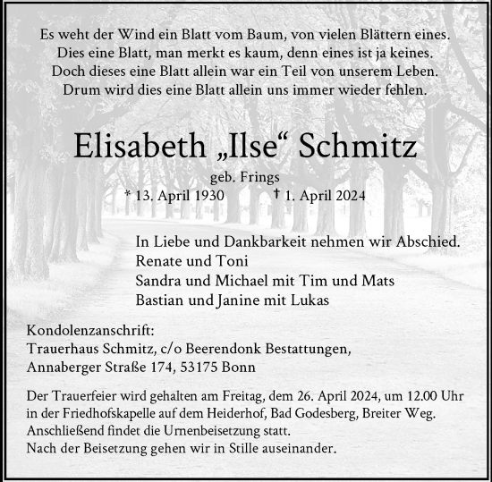 Anzeige von Elisabeth Schmitz von General-Anzeiger Bonn