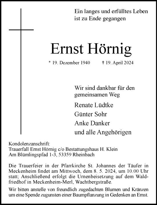 Anzeige von Ernst Hörnig von General-Anzeiger Bonn