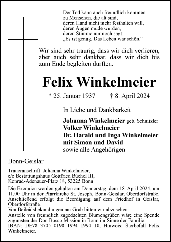 Anzeige von Felix Winkelmeier von General-Anzeiger Bonn