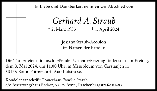 Anzeige von Gerhard Straub von General-Anzeiger Bonn