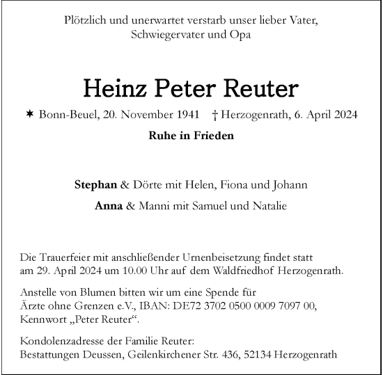 Anzeige von Heinz Peter Reuter von General-Anzeiger Bonn