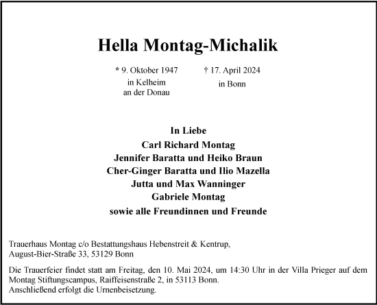 Anzeige von Hella Montag-Michalik von General-Anzeiger Bonn