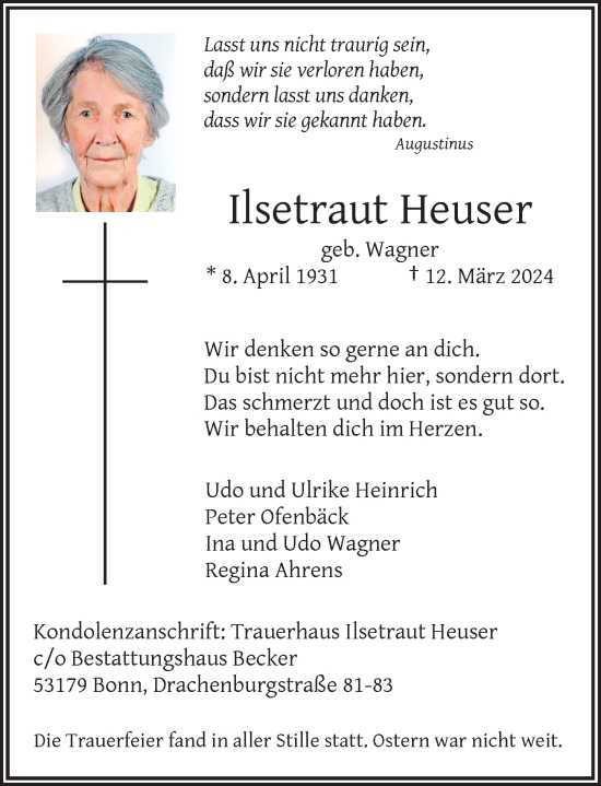 Anzeige von Ilsetraut Heuser von General-Anzeiger Bonn