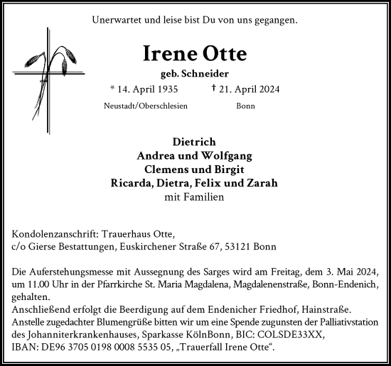 Anzeige von Irene Otte von General-Anzeiger Bonn