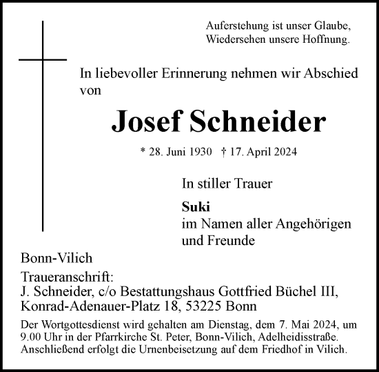 Anzeige von Josef Schneider von General-Anzeiger Bonn