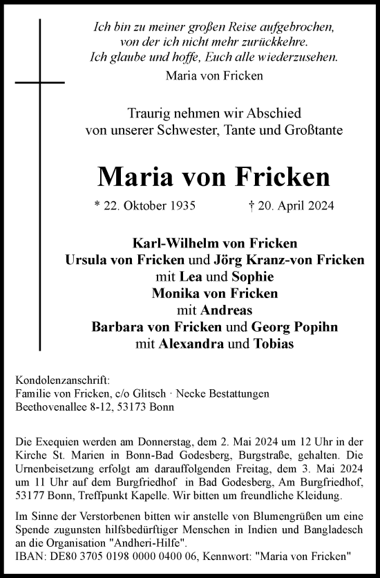 Anzeige von Maria von Fricken von General-Anzeiger Bonn
