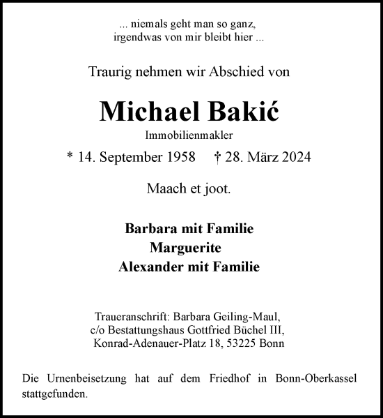 Anzeige von Michael Bakic von General-Anzeiger Bonn