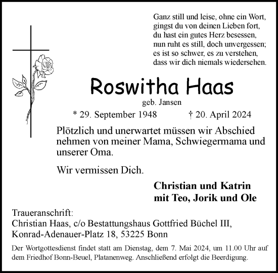 Anzeige von Roswitha Haas von General-Anzeiger Bonn