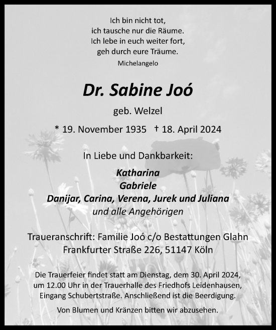 Anzeige von Sabine Joó von General-Anzeiger Bonn