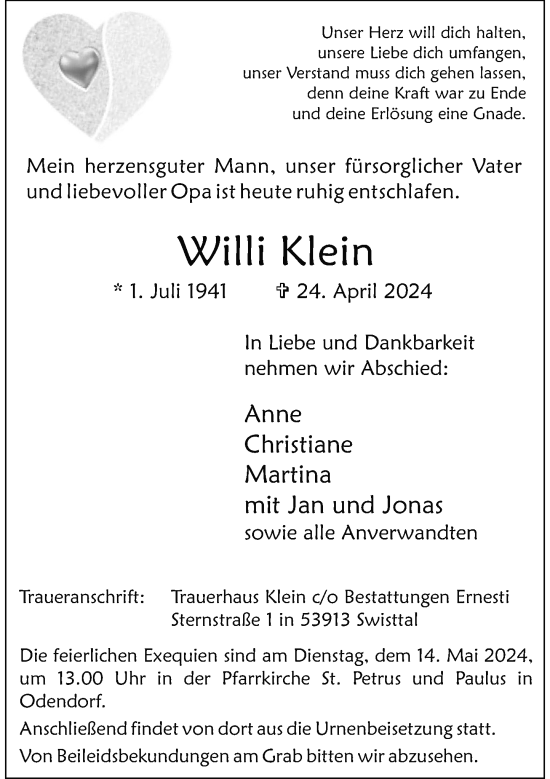Anzeige von Willi Klein von General-Anzeiger Bonn