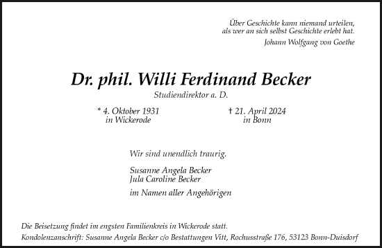 Anzeige von Willi Ferdinand Becker von General-Anzeiger Bonn