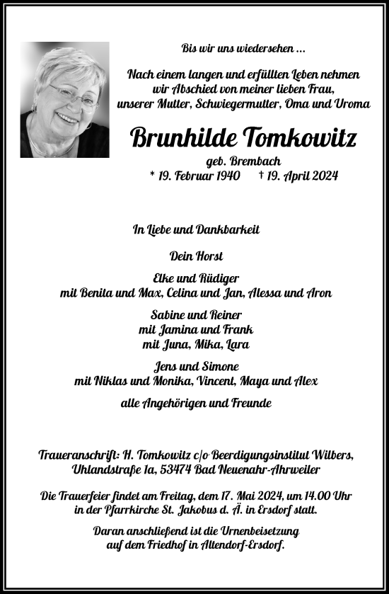 Anzeige von Brunhilde Tomkowitz von General-Anzeiger Bonn