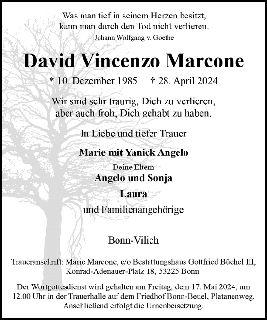 Anzeige von David Vincenzo Marcone von General-Anzeiger Bonn