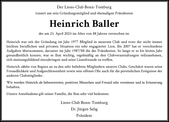 Anzeige von Heinrich Baller von General-Anzeiger Bonn