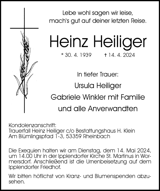 Anzeige von Heinz Heiliger von General-Anzeiger Bonn