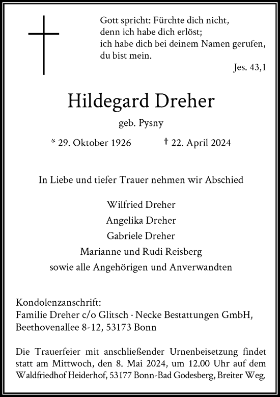 Anzeige von Hildegard Dreher von General-Anzeiger Bonn