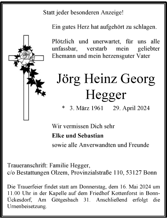 Anzeige von Jörg Heinz Georg Hegger von General-Anzeiger Bonn