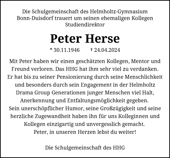 Anzeige von Peter Herse von General-Anzeiger Bonn