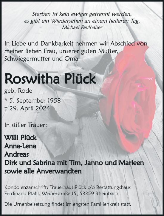 Anzeige von Roswitha Plück von General-Anzeiger Bonn