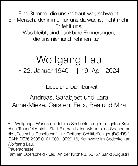 Anzeige von Wolfgang Lau von General-Anzeiger Bonn